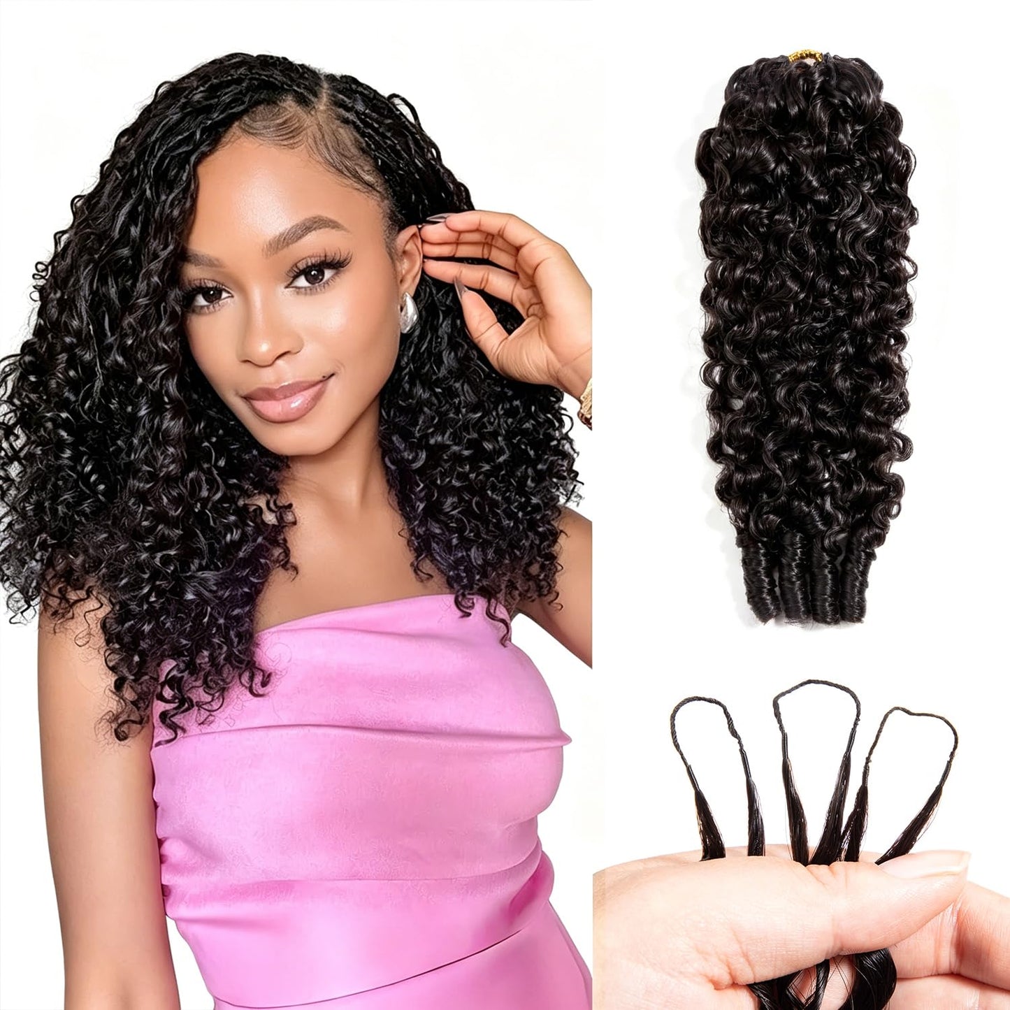 Burmese Curly Human Hair Crochet Bundles - 16 Inch 120g Knotless Pre-Separated Water Curly Extensions | Natural Black Color