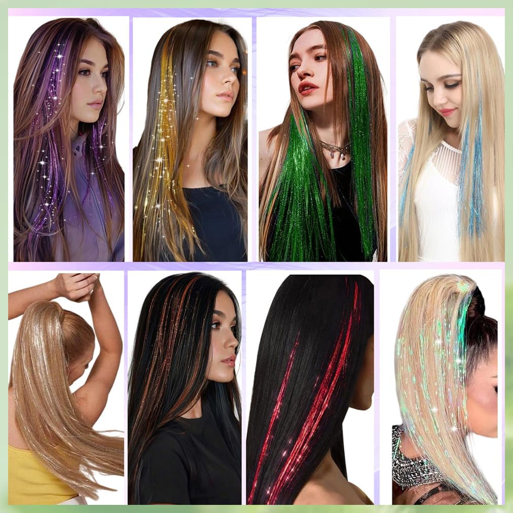 Hair Tinsel Kit With Tools 18 Colors 48 Inch 3600 Strands Fairy Tinsel Hair Extensions Glitter Hair Tinsel Christmas Party Festival Hair Accessories for Women Girls(48 Inch,18 Colors)