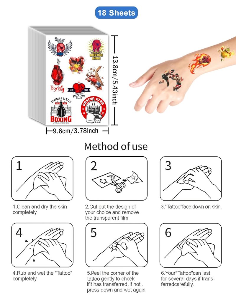 Boxing Tattoos Stickers - 165 Pcs Temporary Tattoos for Boxing Theme Parties | 18 Sheets of Glove Designs