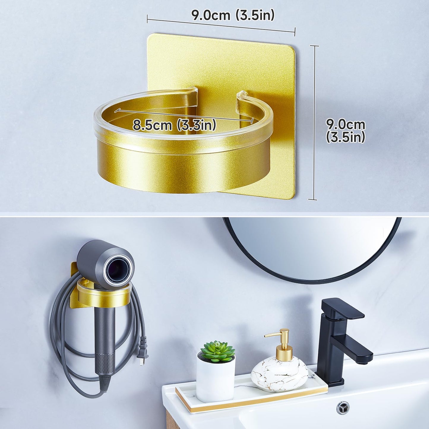 Oukimly Hair Dryer Holder Wall Mounted, Blow Dryer Holder, Hair Tool Organizer for Hair Dryer Storage Hanger, Adhesive Hairdryer Holder for Bathroom Barber Shop (Gold)