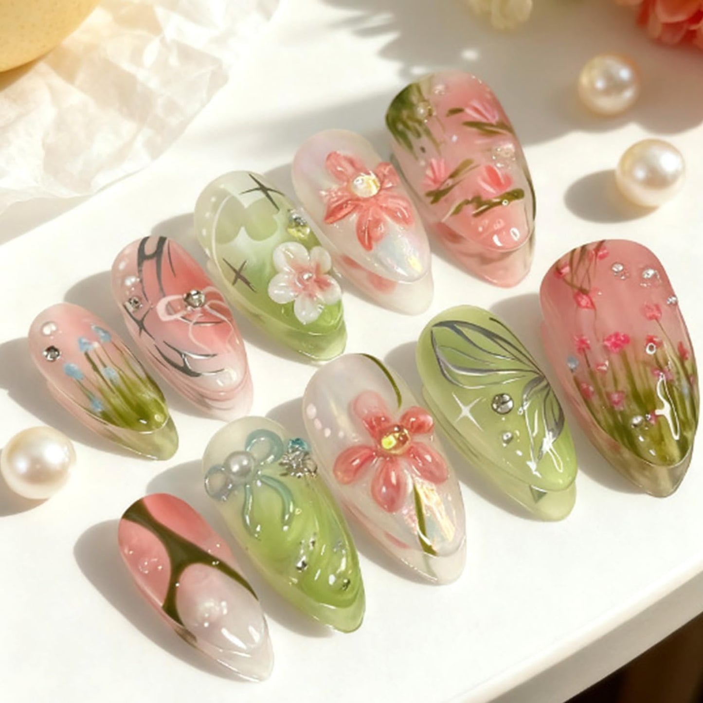 Blue Flower Press-On Nails - Medium Almond French Tip with Bow Design | Glossy Full Cover for DIY Manicure