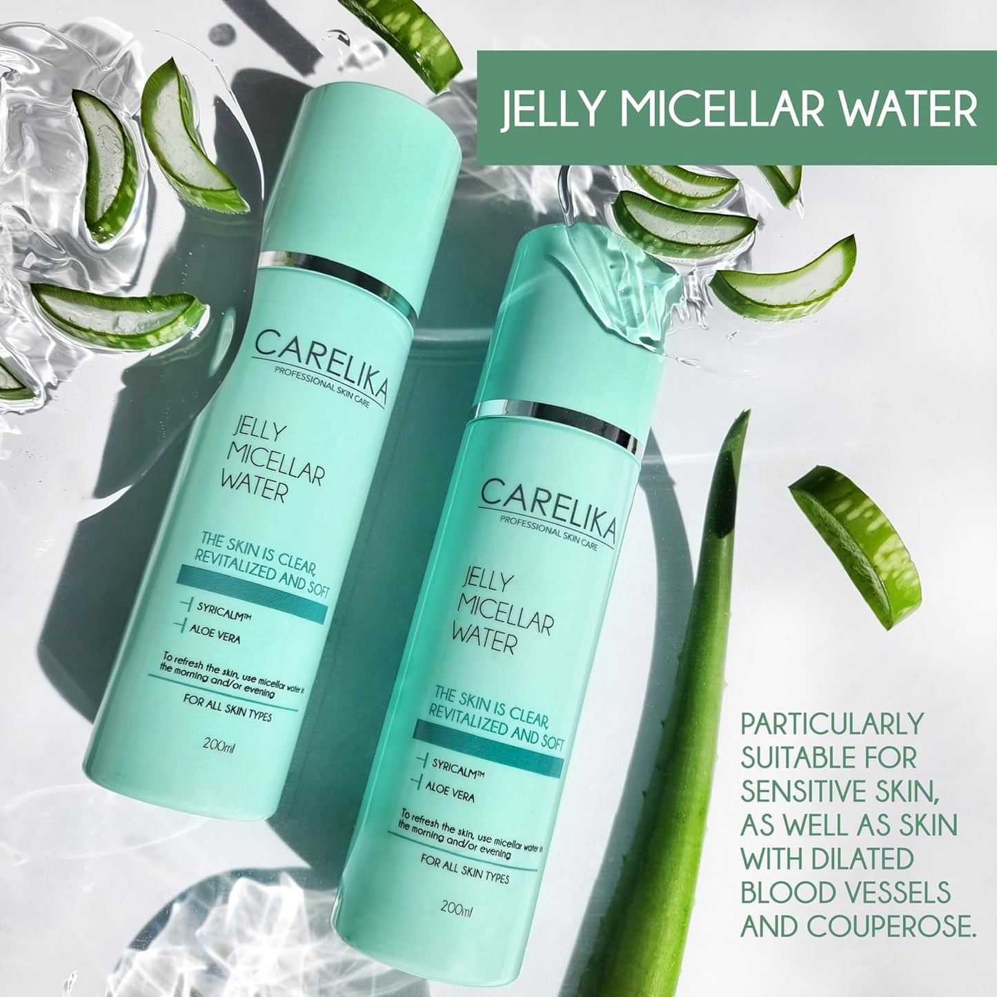 CARELIKA Jelly Micellar Water with Aloe – Gentle Facial Cleanser & Makeup Remover for Sensitive Skin – Hydrating Micellar Cleansing Water – 200ml