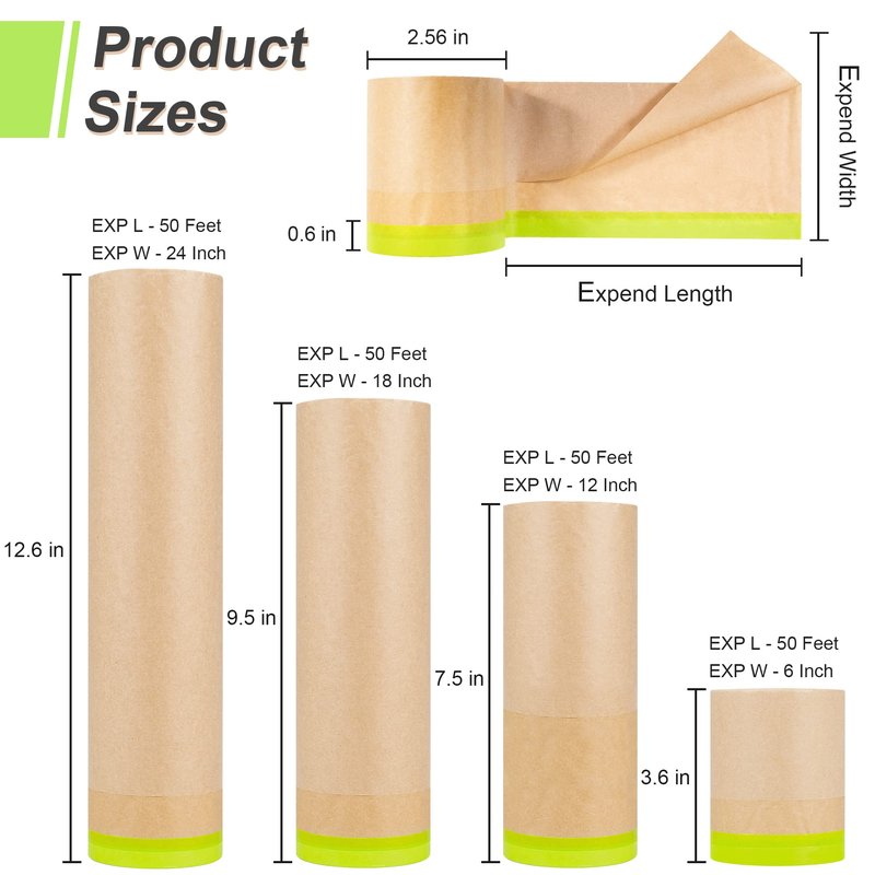 MyLifeUNIT Masking Paper, Automotive Paint Paper Roll with Tape, Assorted Sizes Tape and Drape Waterproof for Painting Protection Covering (Each Roll 50 Feet, 4 Rolls)