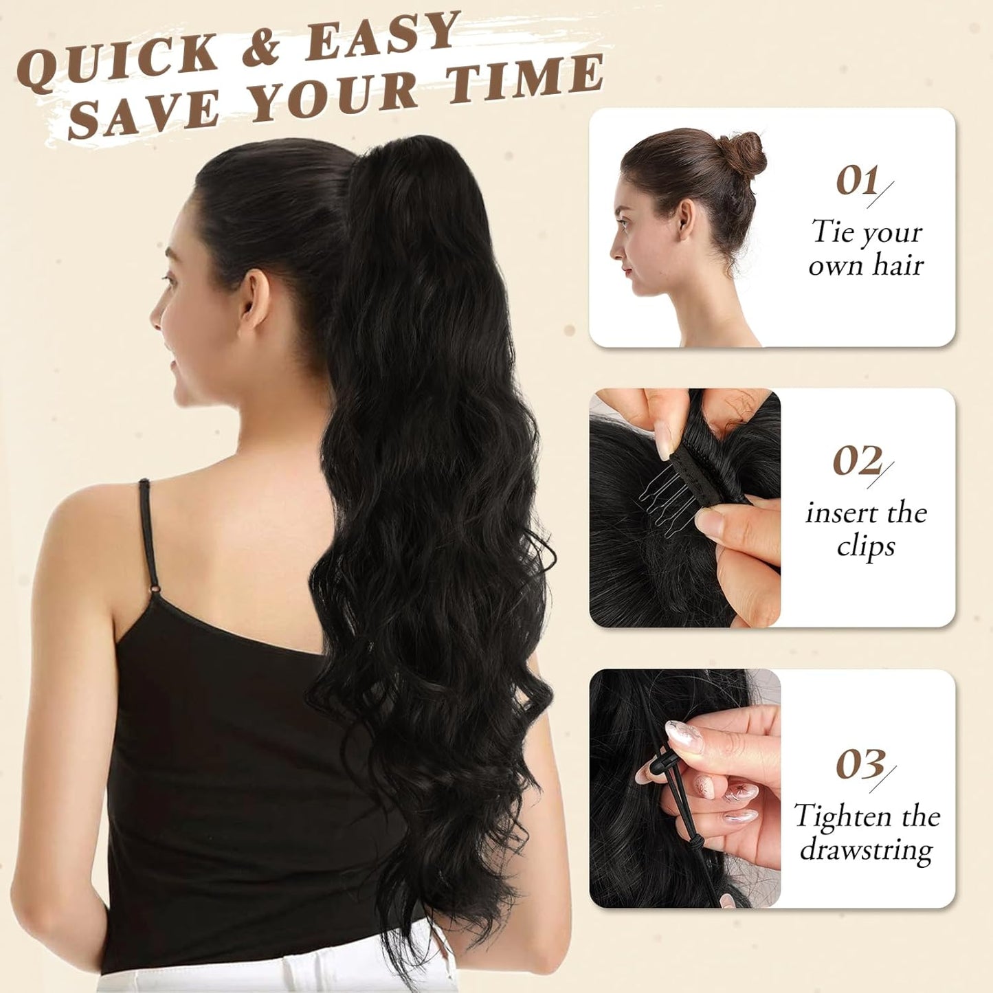 Black Wavy Drawstring Ponytail Extension - 26 Inch Synthetic Hairpiece for Natural Volume | Perfect for Black Women