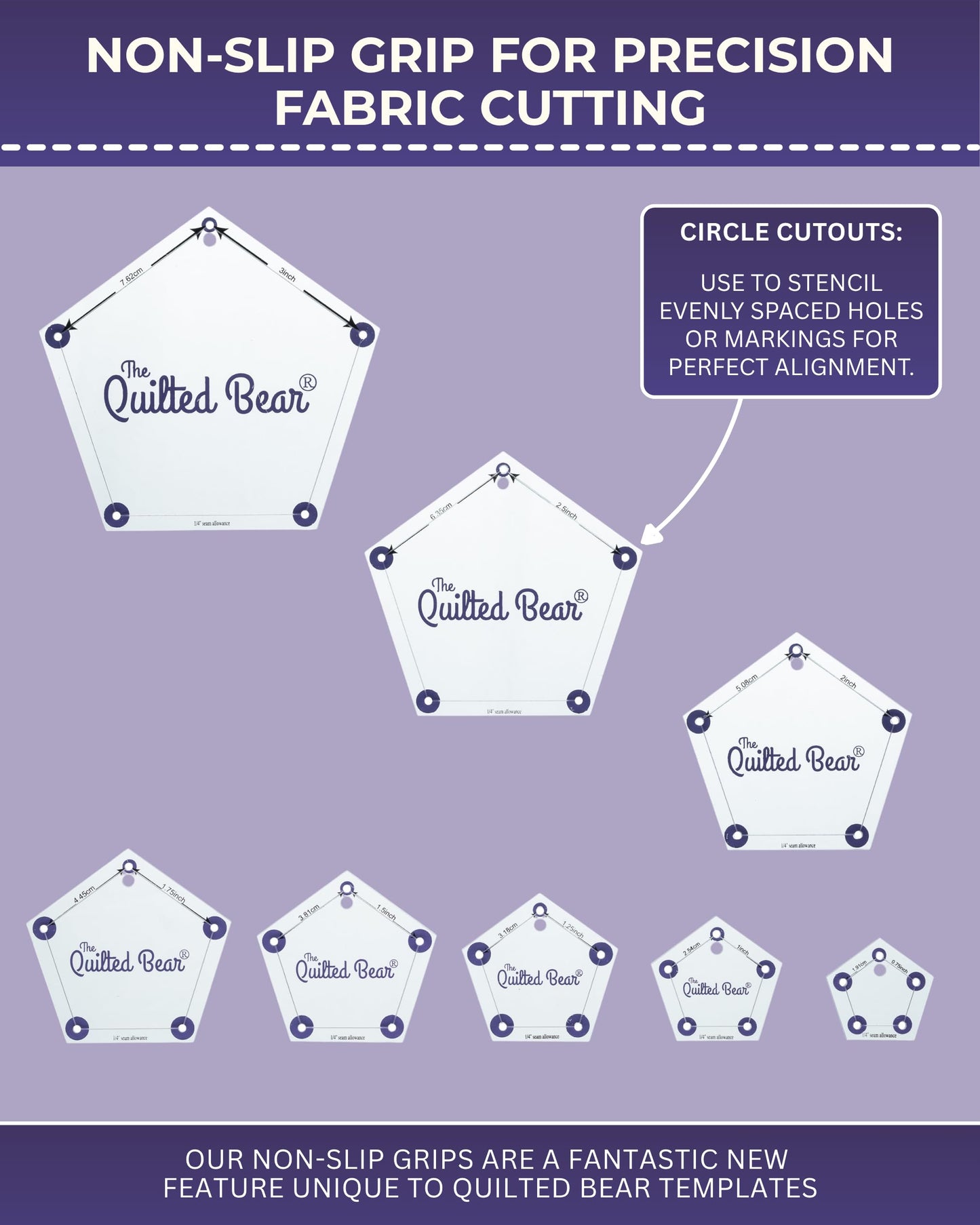 The Quilted Bear Square Quilting Templates – 8 Clear Non-Slip Acrylic Quilt Templates for Precise Fabric Cutting & Stress-Free Machine Quilting - Ideal for Quilt & Sewing Supplies (¾–3")