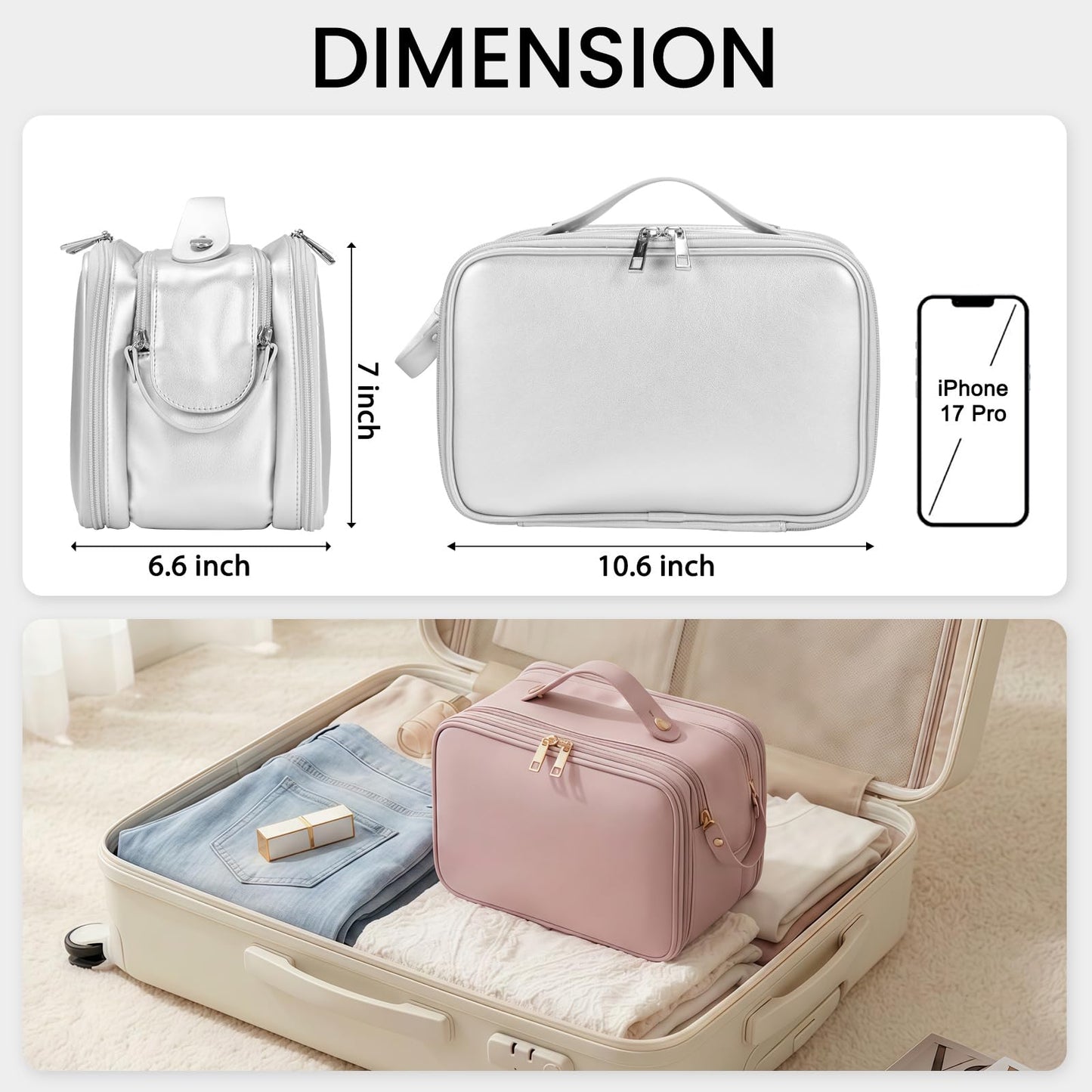 HauteHues Travel Makeup Bag Women's Large Capacity Cosmetic Portable Organizer Large Opening Waterproof Storage Toiletry Bags Vertical Free-Standing Brush Holder for Easy Access Silver