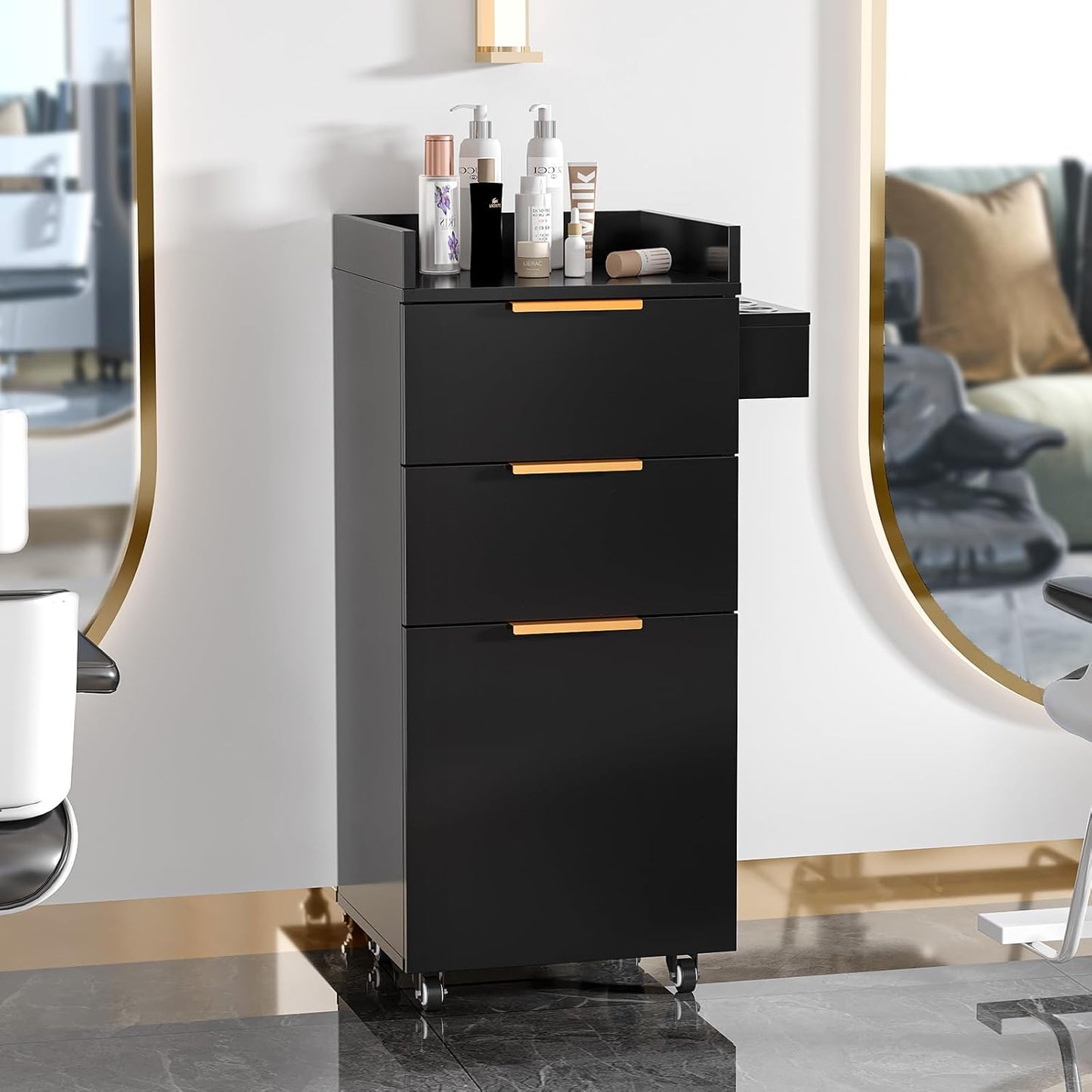 OmySalon Salon Cart with Wheels - 3-Tier Rolling Hair Styling Station with Drawers & Adjustable Shelf | Black