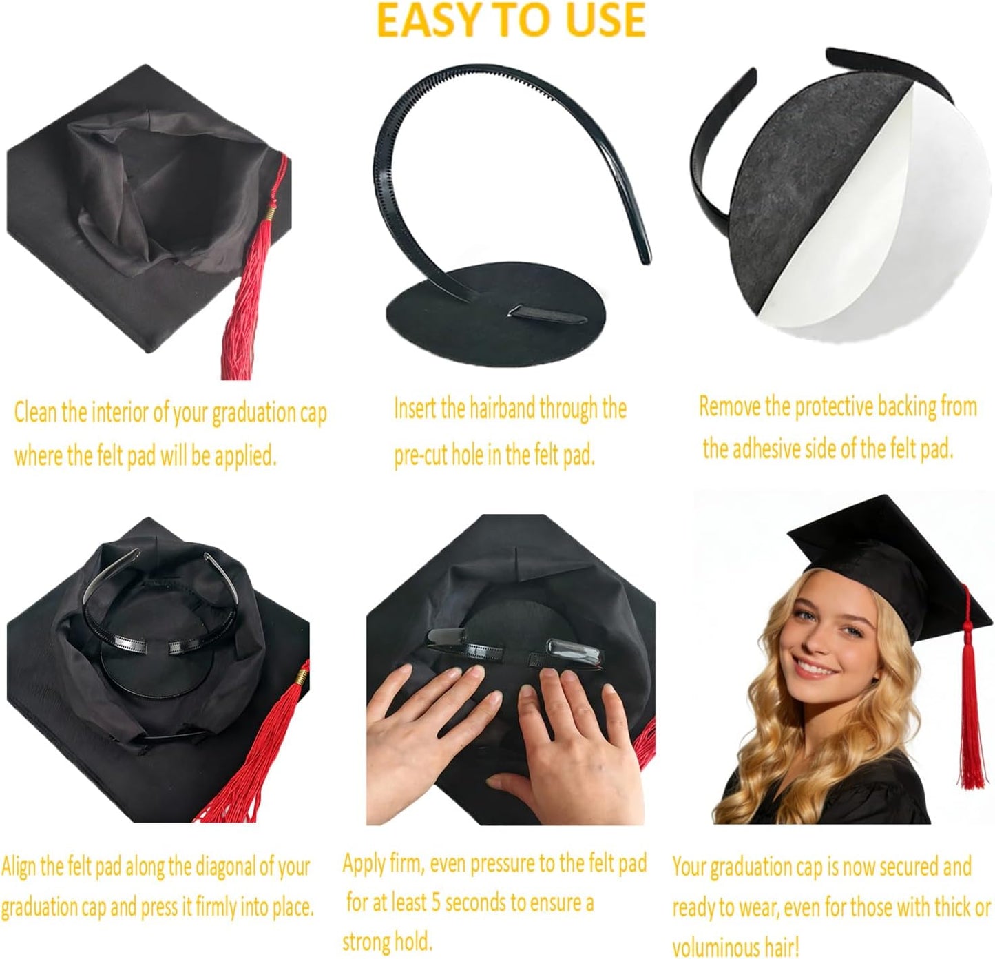 Graduation Cap Headband Insert - Firm Anti-Fall Hair Band Holder for Secure Grad Hat & Hairstyle | 2 Pack