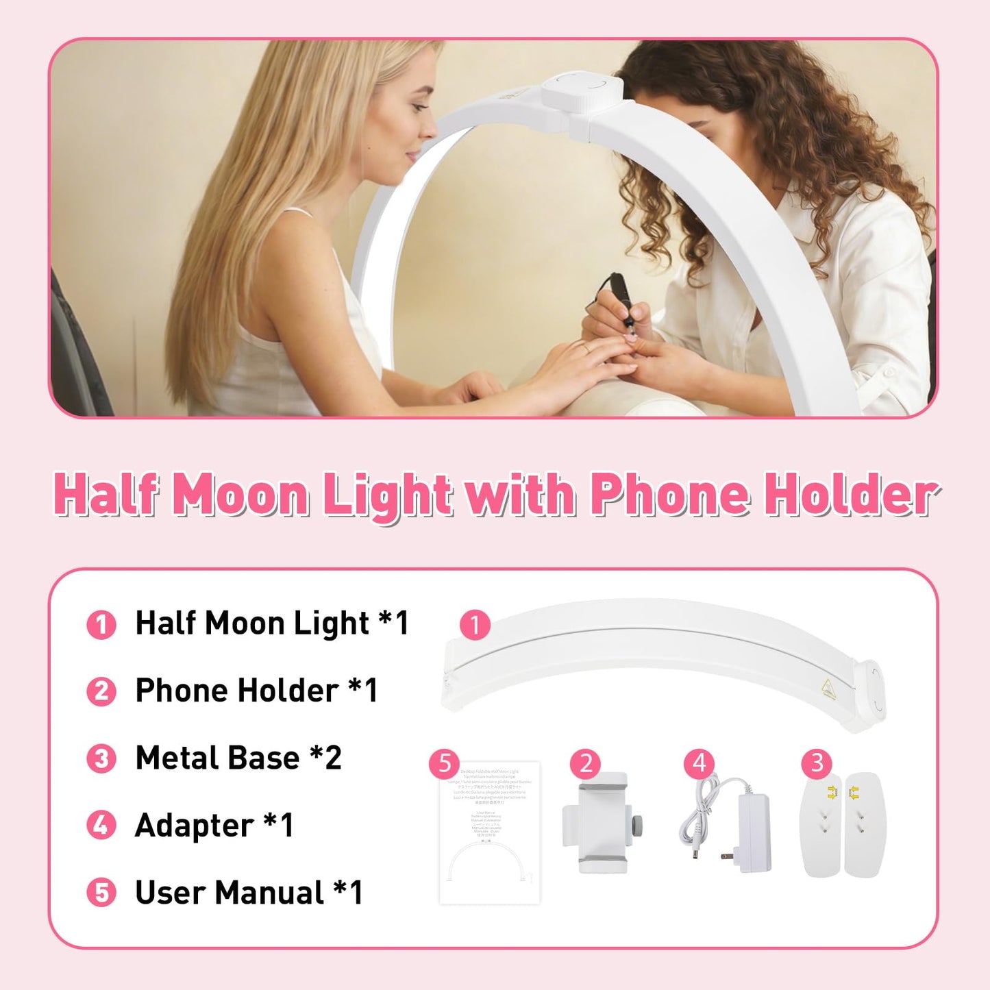 HITTI 29in Half Moon Light for Nail Desk, Foldable, 3 Color Modes & 10 Brightness, Phone Stand, Arch LED Nail Tech Table Lamp for Manicure Salon, Handicraft, Art, Eyelash Extension - White