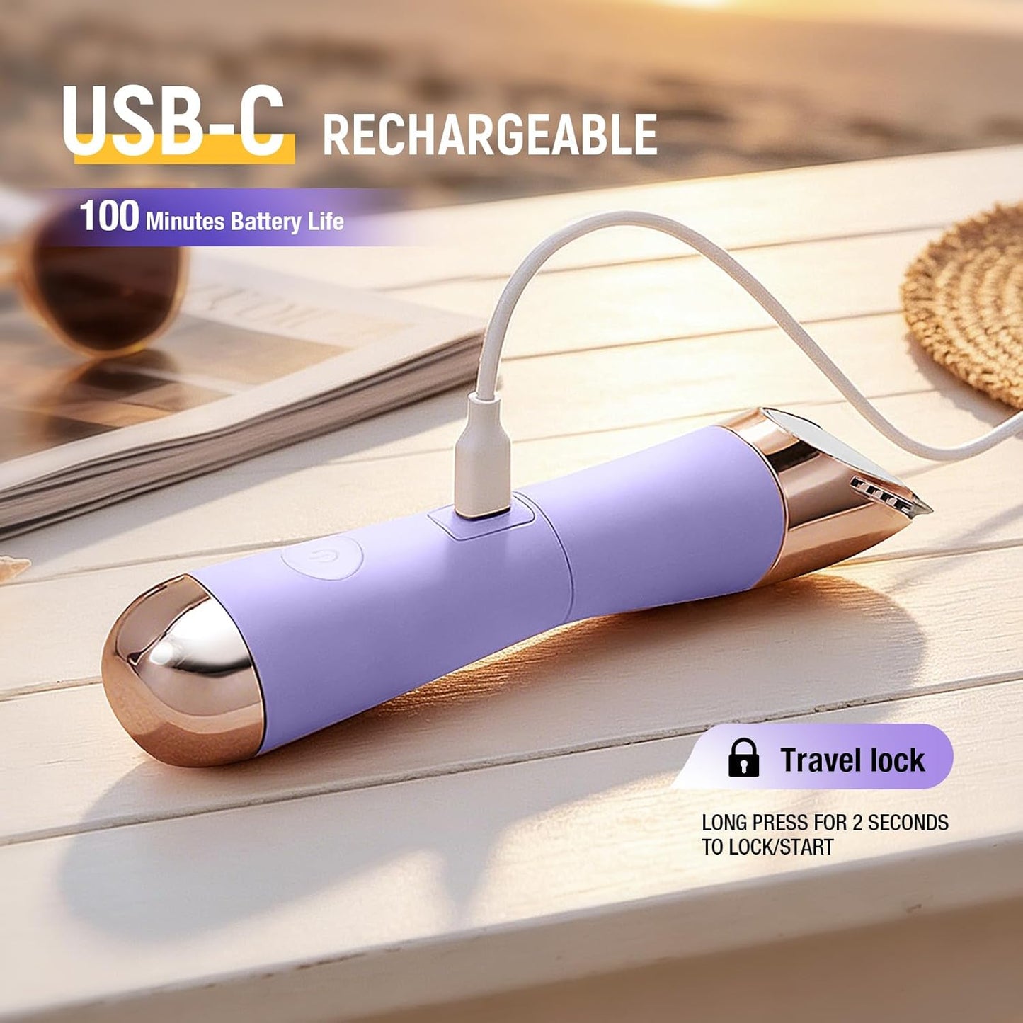 Waterproof Bikini Trimmer for Women - 2 in 1 Electric Shaver | Cordless USB-C Rechargeable Razor for Pubic & Facial Hair, Purple