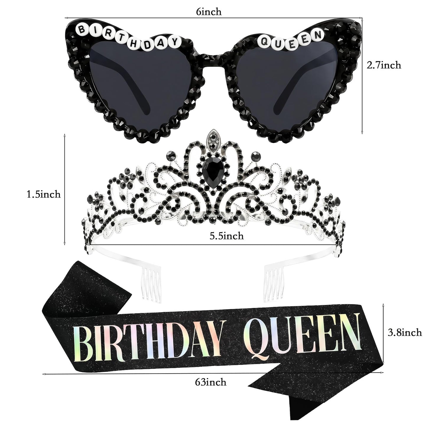 PcwBcn Silver Black Birthday Queen Glasses, Birthday Queen Sash Tiara Crown for Women Girls, 3 Pcs HappyBirth Party Decorations Princess Headband 30th-90th Birth Gifts Hair Accessories