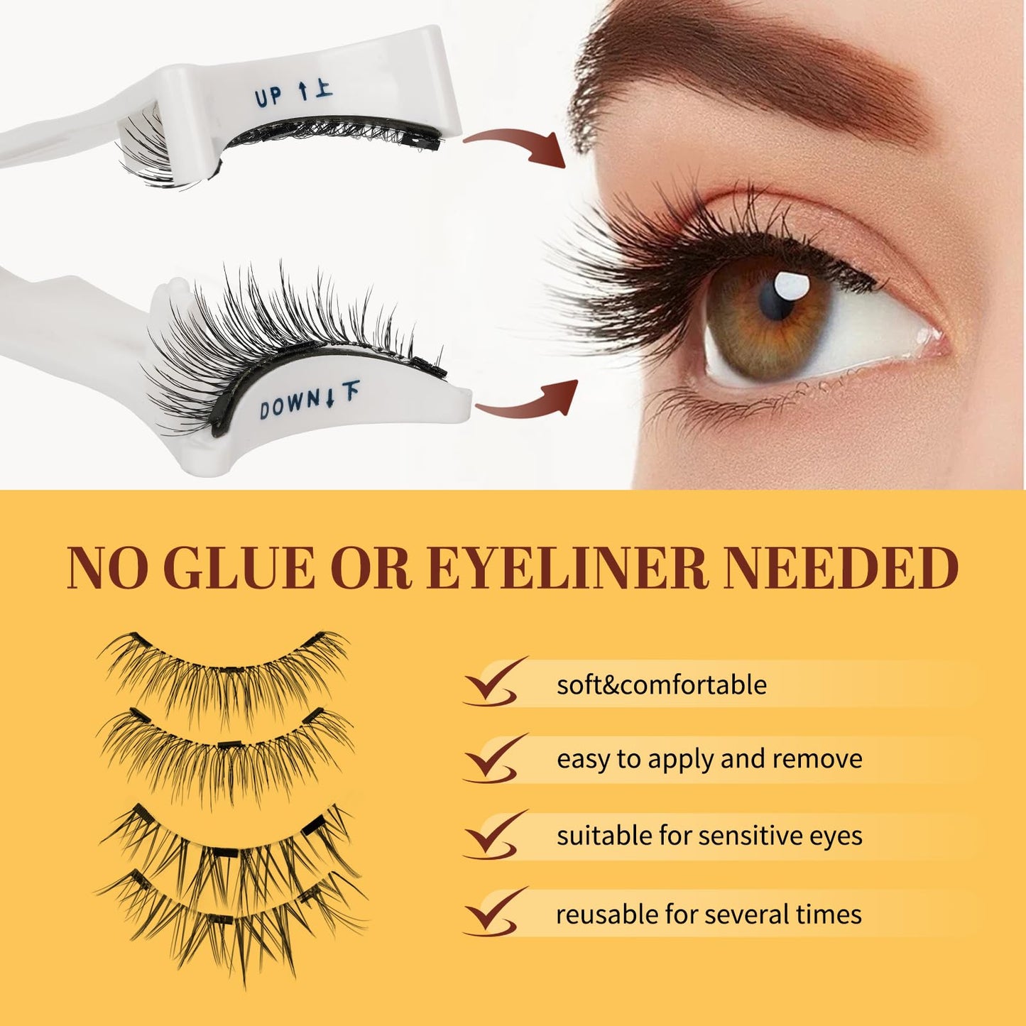QUEWEL Magnetic Eyelashes 2 Pair Reusable Magnetic Eyelashes with Applicator No Glue Needed Eyelashes Cat Eye Natural Look Lash Clusters Kit Easy to Wear and Remove(A09)