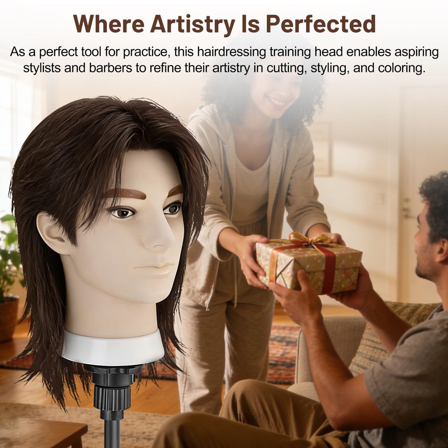Barber Mannequin Head, 100% Real Brown Human Hair Male Head with Table Clamp, 8" Professional Hairdresser Training Doll Manikin Head for Practicing Hair Cutting and Styling