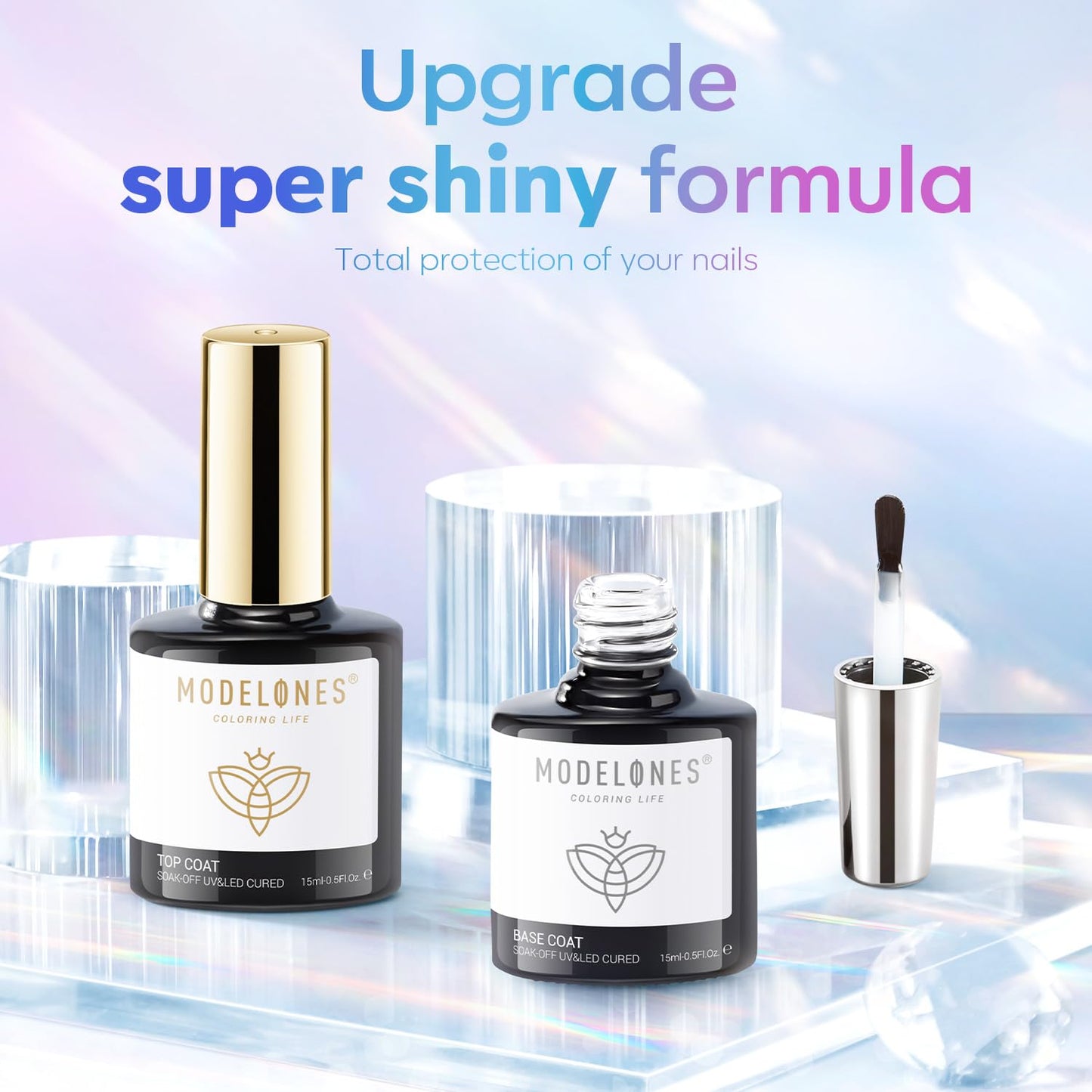 Modelones Gel Top Coat - 15ml Super Shiny No Wipe Base & Top Coat Set | Soak Off Nail Polish