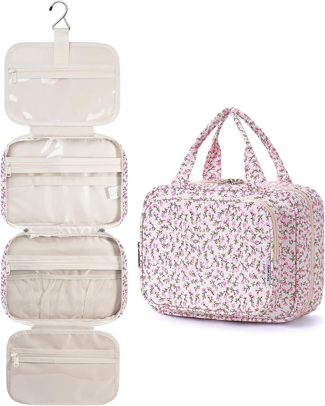 Hanging Toiletry Bag for Women - Travel Makeup Organizer with Light Checkerboard Design | Medium Size