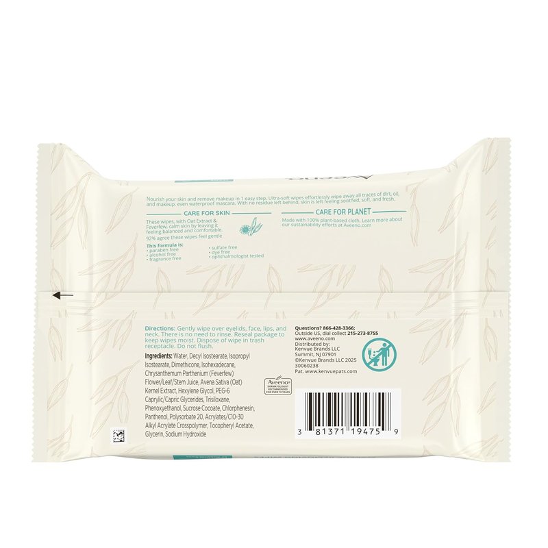 Aveeno Calm + Restore Makeup Remover Wipes - Unscented Facial Towelettes with Oat Extract & Feverfew | 25 Ct