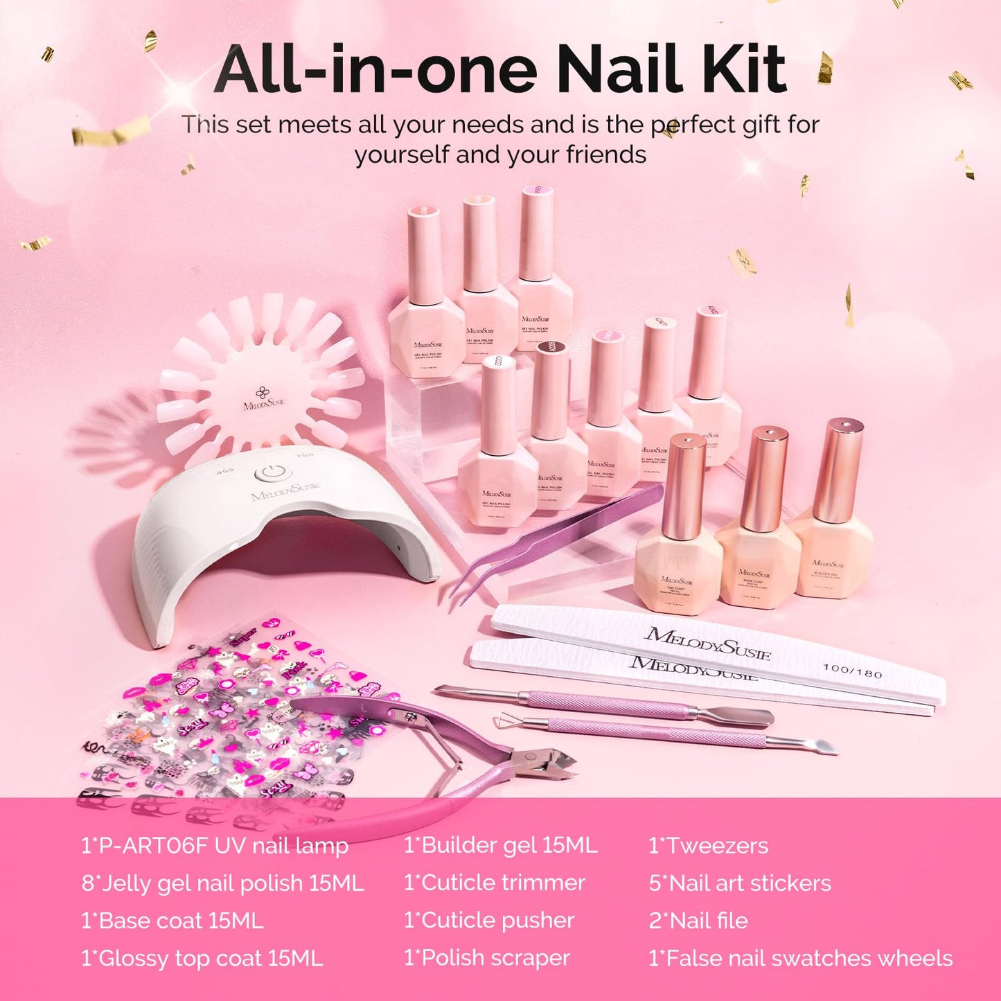 MelodySusie Gel Nail Polish Kit with UV Light P-ART06F- Popular Color Jelly Gel with Builder and Baser &Glossy Top Coat Soak Off Includes Nail Art Tools Nail Art Gift for Women & Girls