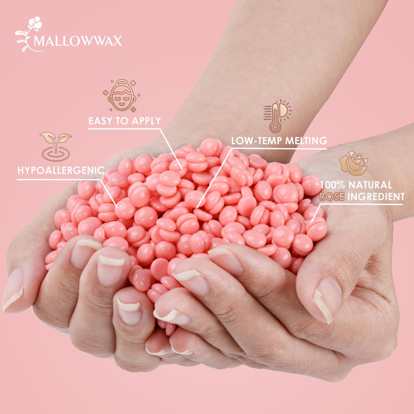 Mallowwax Hard Wax Beads, 1LB Pink Rose Wax Beans for Hair Removal, Waxing Beads Refill for Sensitive Skin, Perfect for Facial, Brazilian, Upper lip, Cheeks and Bikini Waxing at Home for Women Men