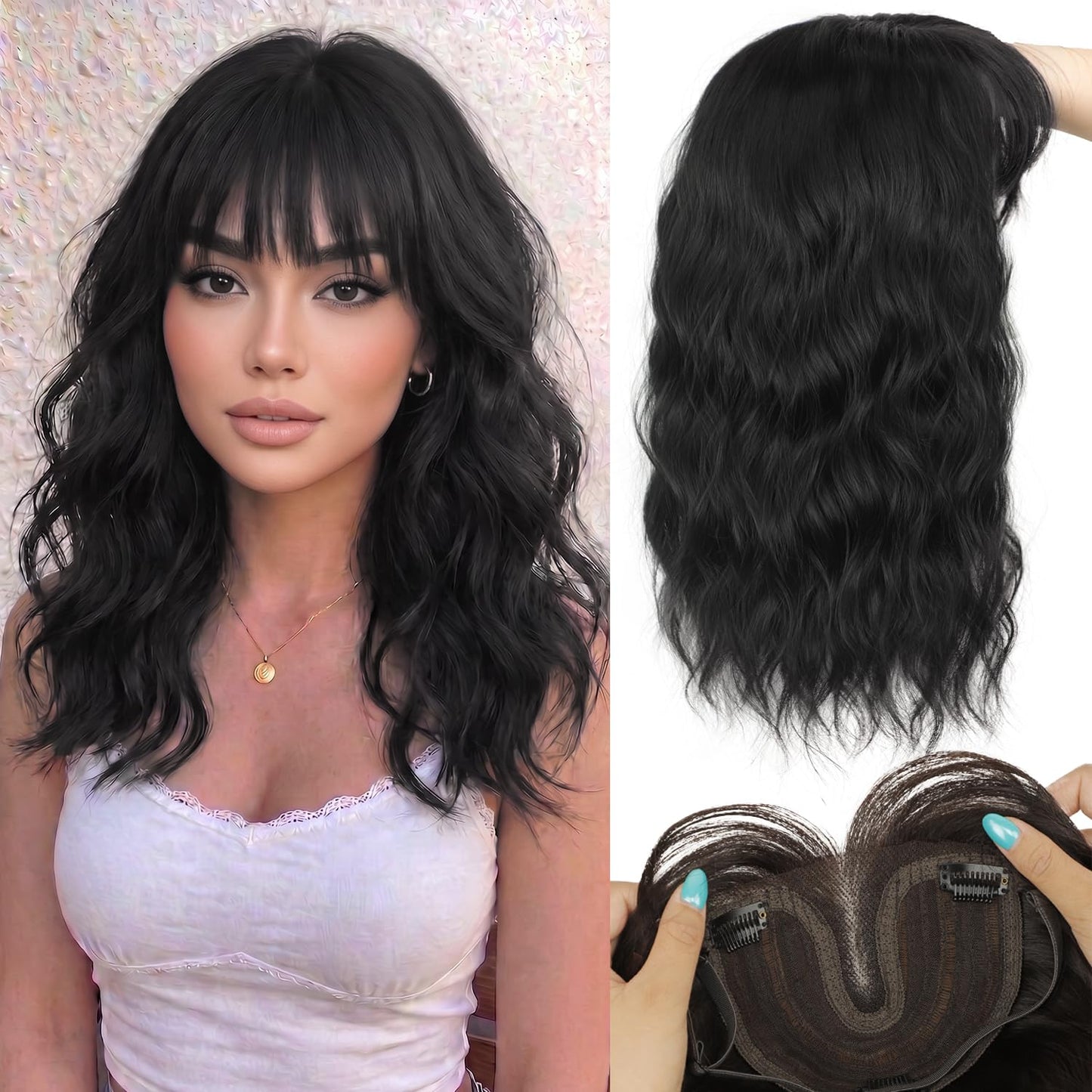Hair Topper for Women - Clip-In Synthetic Hairpiece for Thinning Hair | 18-Inch Wavy Curly with Bangs