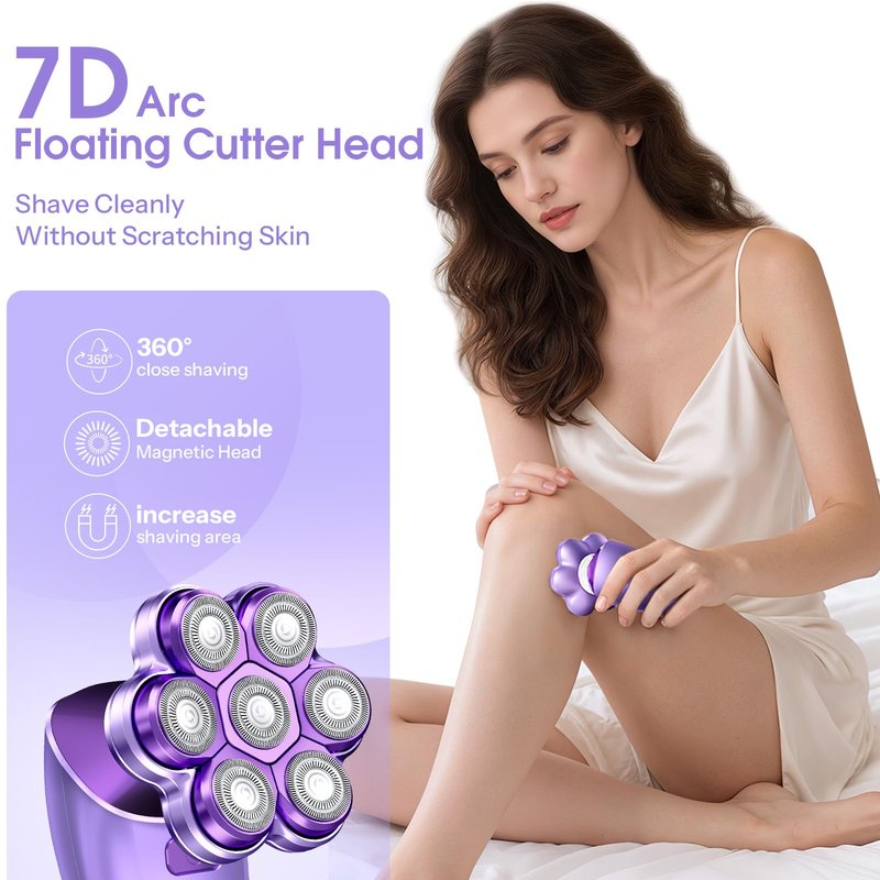 Electric Razors for Women Legs : 5-in-1 Rechargeable Body Shaver, 7D Wet & Dry Bikini Trimmer, IPX7 Waterproof Lady Hair Remover for Face Underarms Pubic, Violet
