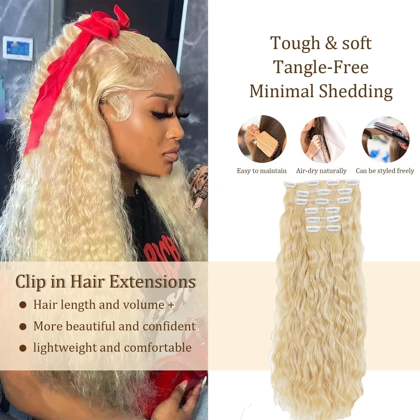 #613 Blonde Clip in Hair Extensions Real Human Hair, 32 Inch 120g/7Pcs,Full Shine Remy Human Hair,Blonde Long Wave Clip ins Brazilian Virgin Human Hair Extensions