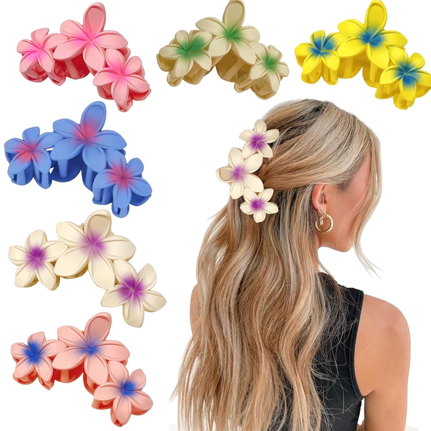 Flower Hair Clips for Women - 6PCS Hawaiian Plumeria Strong Hold Hair Claws | Cute Beach Accessories