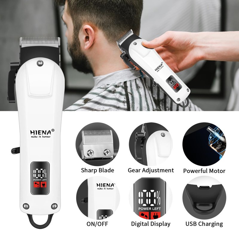 HIENA PRO Electric Hair Clipper & Trimmer for Men, Professional Cordless Barber Clipper with LED Display, Rechargeable Hair-Cutting Clippers, Perfect Gifts for Men(White)