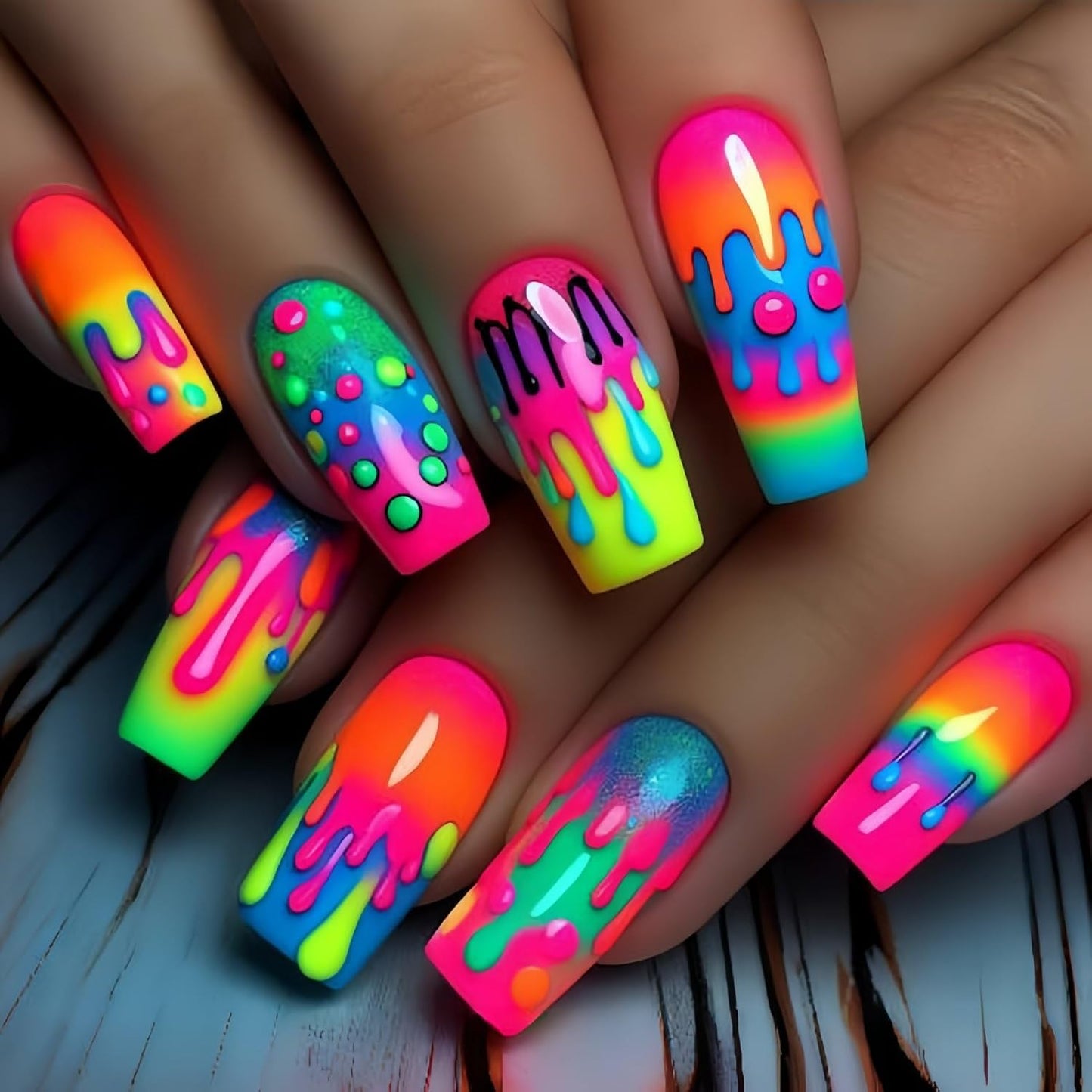 Colorful Press On Nails - Long Coffin Fake Nails with Rainbow Heart & Flower Design | Reusable Glossy Acrylic Nails for Women