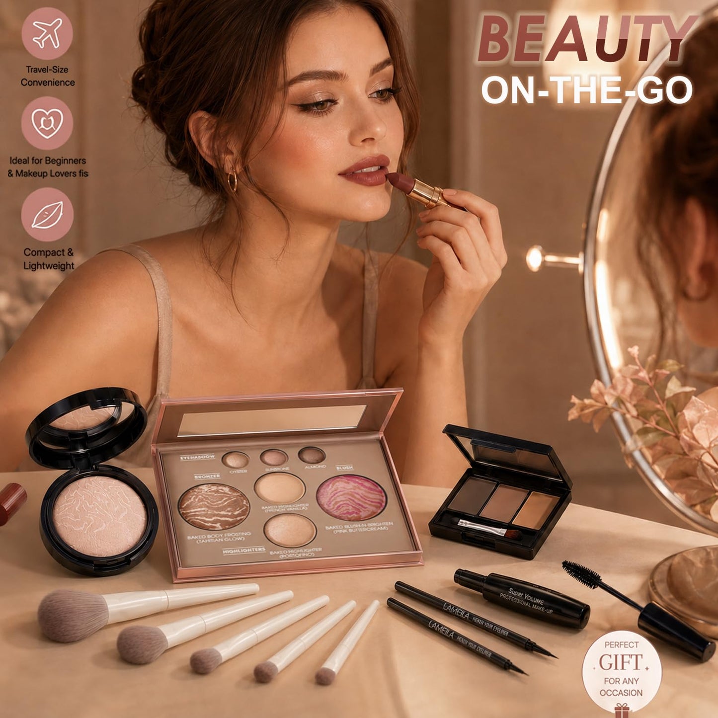All-In-One Beginner Makeup Kit for Women - 7-Shade Baked Powder Palette, Brow Powder, Setting Powder, Matte Lipstick, Eyeliner, Mascara & 5 Brushes - Full Face Makeup Set for Daily Wear & Travel