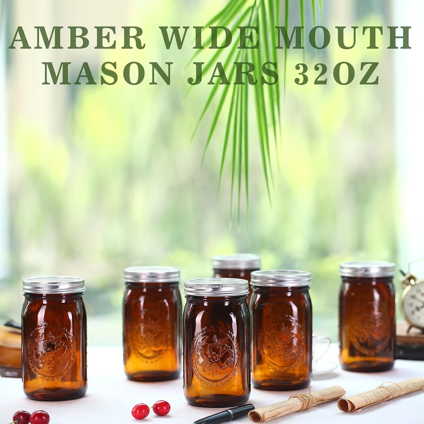 Amber Glass Mason Jars - 32 oz Wide Mouth Canning Jars with Airtight Lids | 6 Pack for Pickling & Fermenting