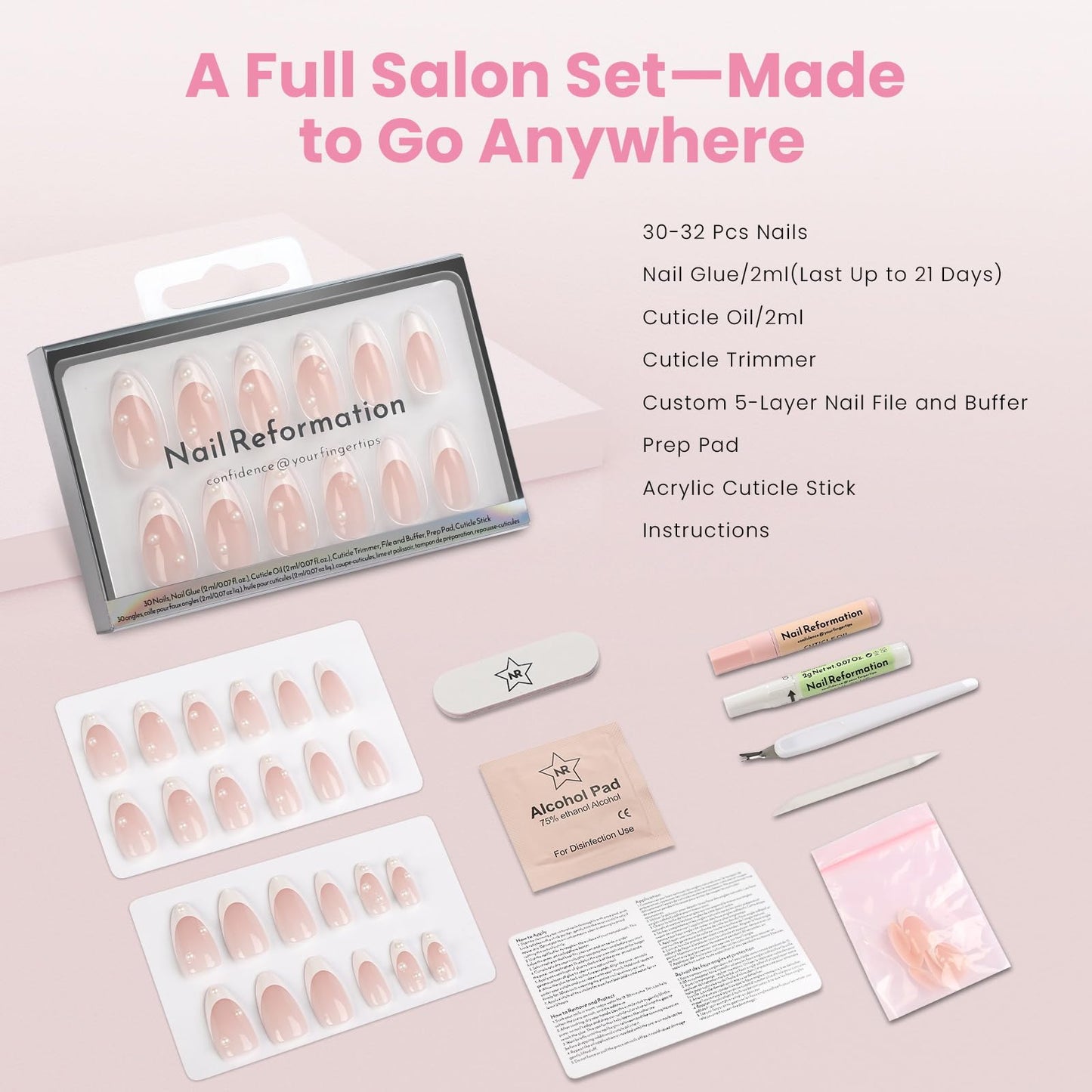 Nail Reformation Press On Nails, Sugar-Coated | Pink Medium Almond Fake Nails in French Tip with 3D Pearls in a Glossy Finish, Reusable Stick On Nails in 15 Sizes - 30 False Nail Kit for Women Gifts