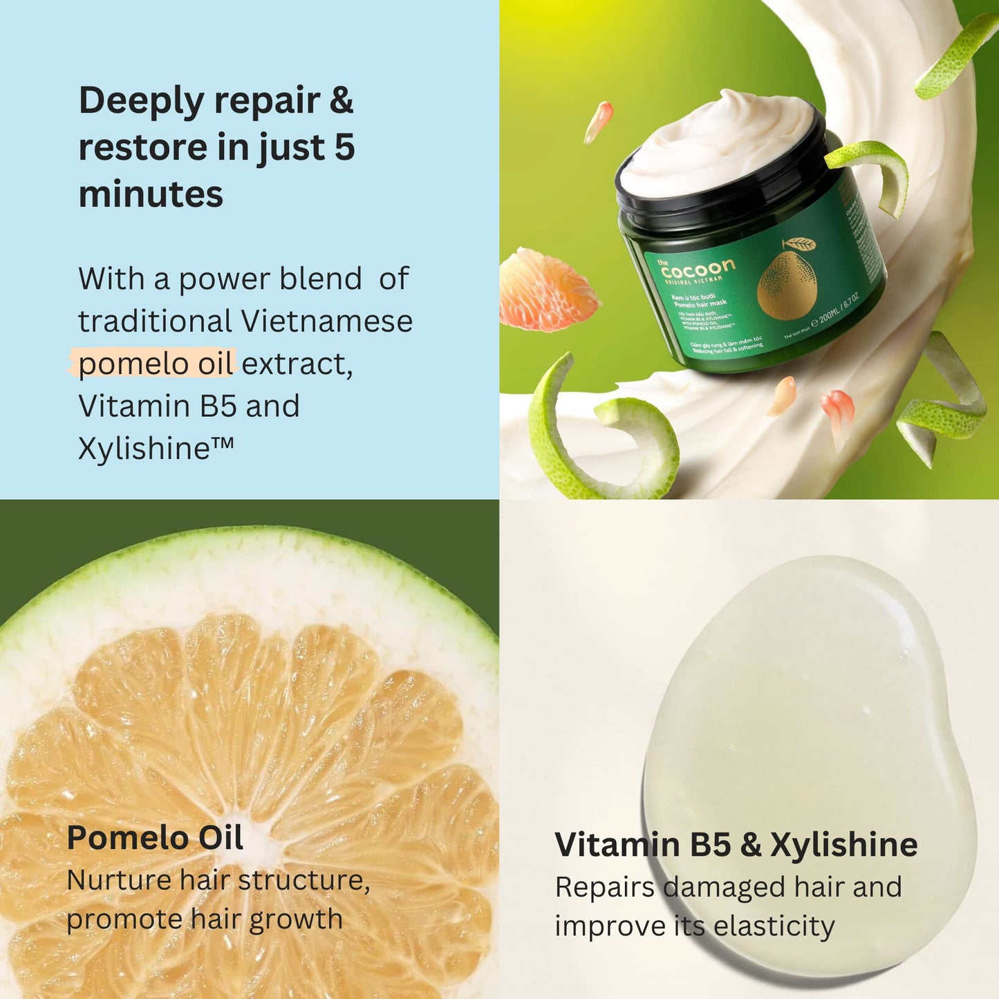 Cocoon Original Viet Nam Pomelo Hair Mask for Dry & Damaged Hair, Deep Conditioning Hair Treatment with Pomelo Essential Oil, Vitamin B5 & Xylishine, Hydrating & Softening Formula, 200 ml / 6.76 fl oz