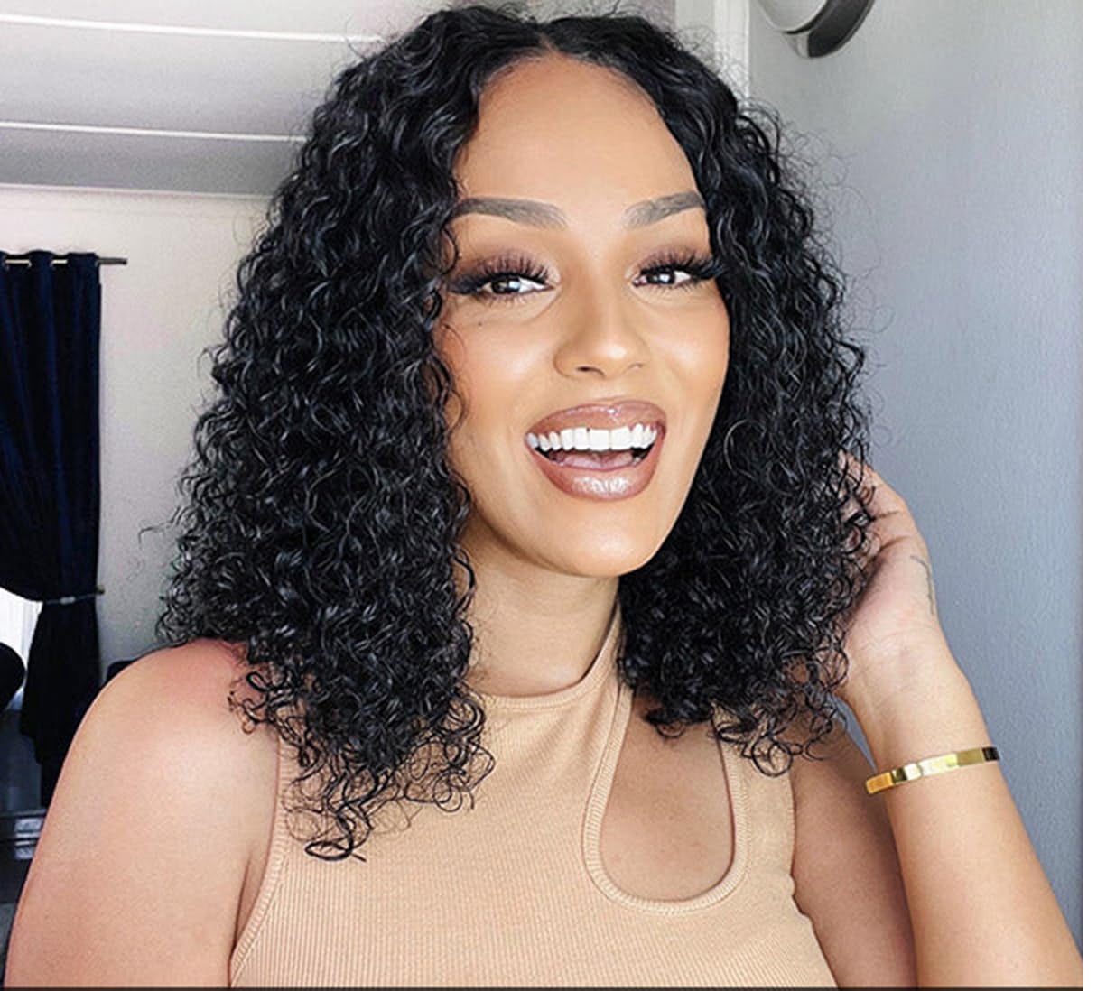 ISEE Wear and Go Glueless Wigs Bob Wigs Human Hair Pre Plucked Water Wave Lace Front Wigs Human Hair Upgraded No Glue Transparent Lace Closure Wigs Human Hair for Women Natural Black 14 Inch