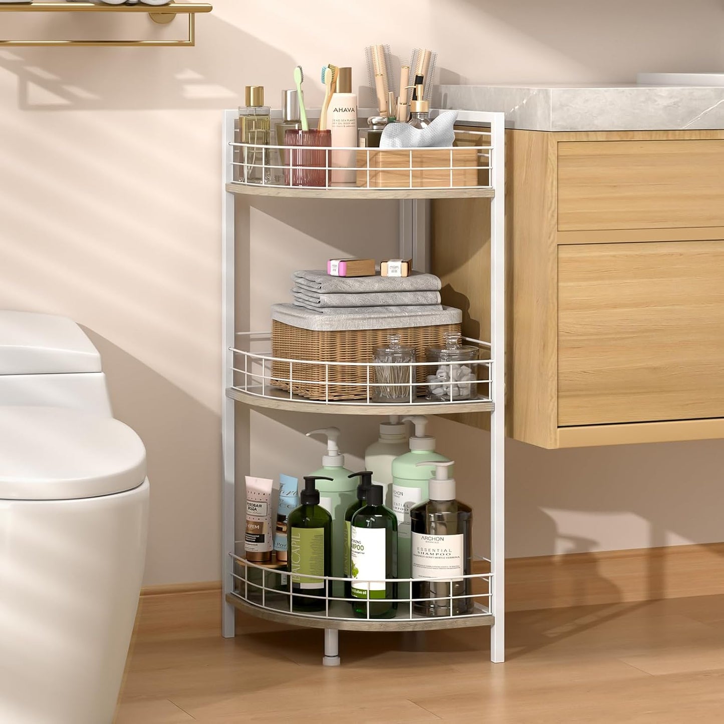 Bathroom Corner Shelf - 3 Tier Free-Standing Storage Unit for Small Spaces | Triangular Curved Design