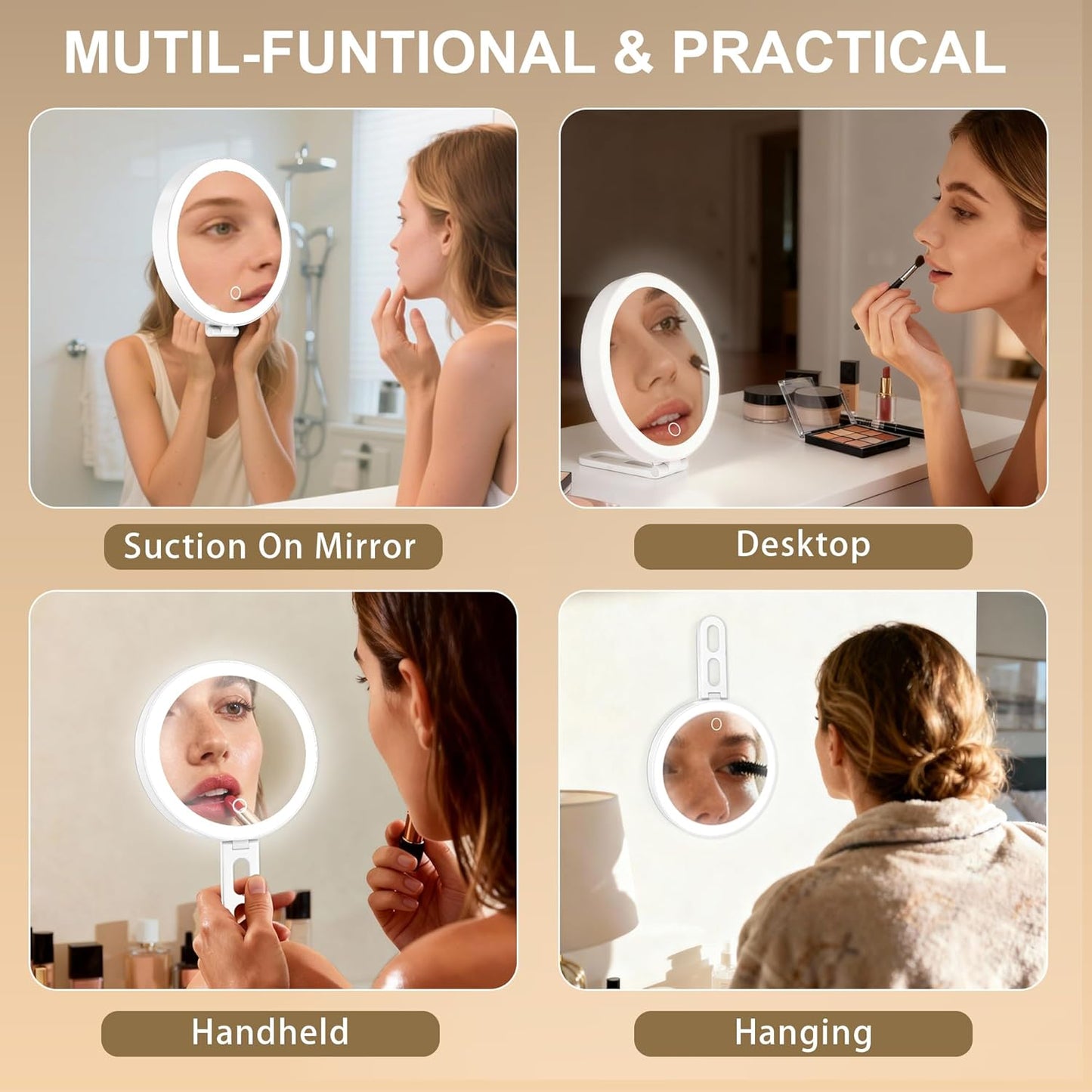 30x Magnifying Makeup Mirror with Light - 6" Travel Size, 3 Suction Cups, 3 Lighting Colors | Handheld Design, Stable Stand