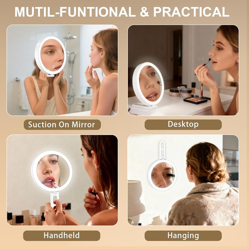 30x Magnifying Makeup Mirror with Light - 6" Travel Size, 3 Suction Cups, 3 Lighting Colors | Handheld Design, Stable Stand