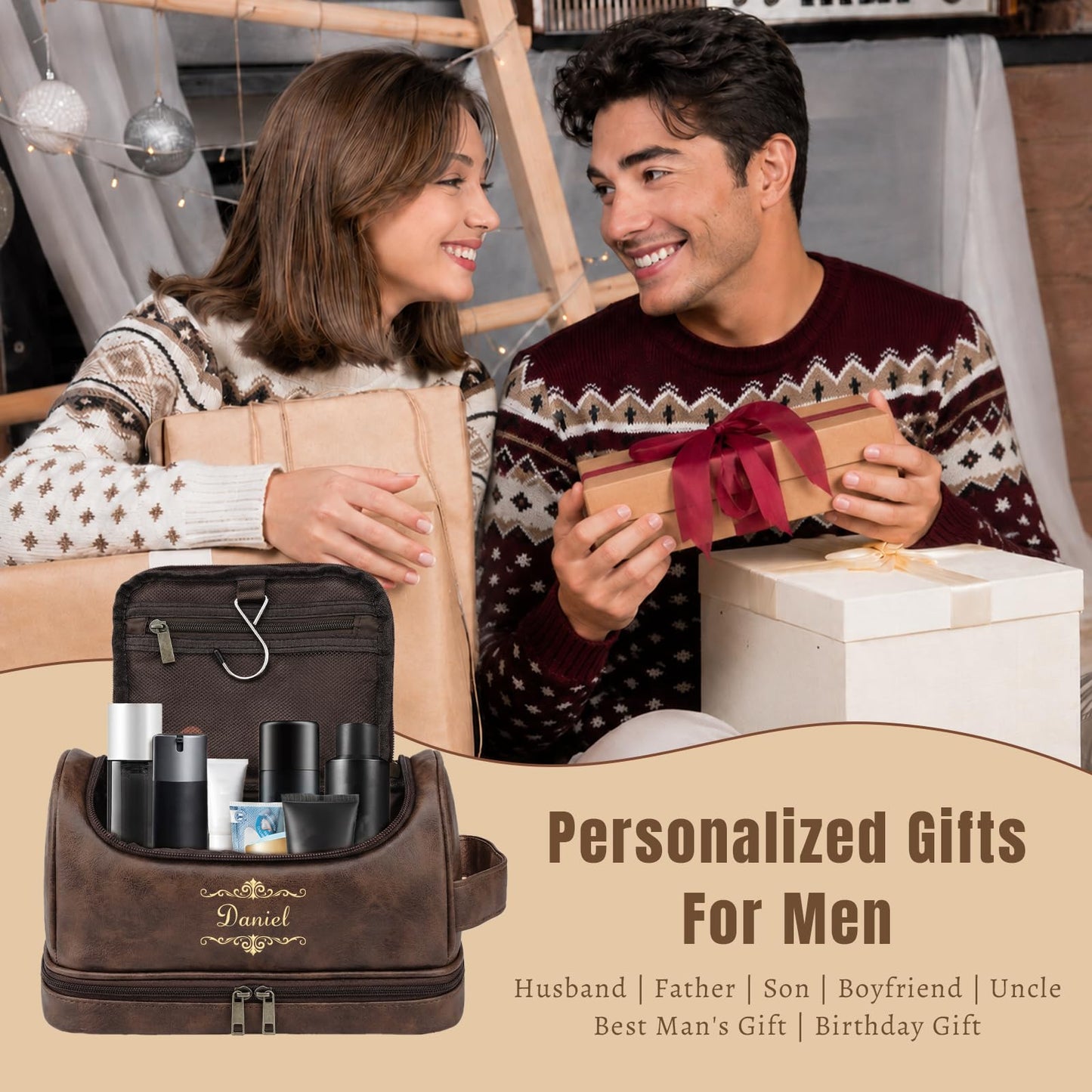 Personalized Toiletry Bag for Men, Engraved Name & Text, Father's Day Birthday Gifts for Men, Dad, Leather Men's Toiletry Bag for Traveling, Customized Gifts for Husband, Grandpa, Lover (DarkBrown)
