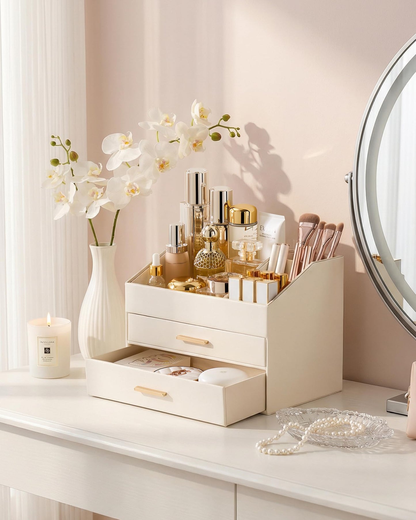Lolalet Makeup Organizer for Vanity Desk, 3-Layer PU Leather Luxury Make Up Storage Cosmetics Holder Box with Drawers -Cream