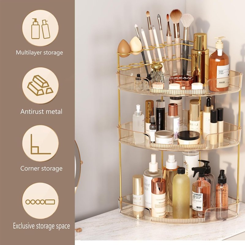 3-Tier Corner Bathroom Counter Organizer - Makeup & Skincare Storage with Brush Holder | Amber