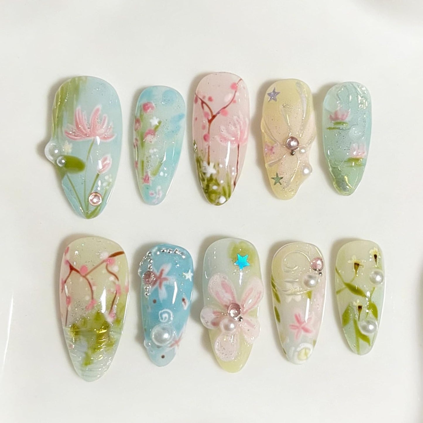 3D Pink Flower Press-On Nails - Nude Pink Gradient French Tip | Medium Almond, Reusable 30 Pcs for Weddings
