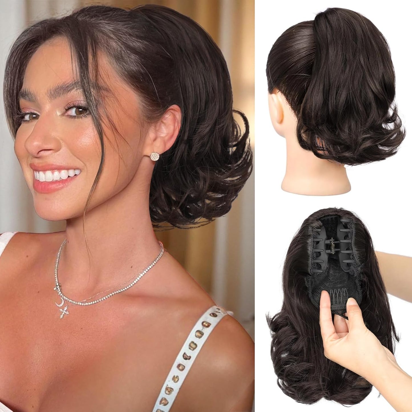 Ponytail Extension - 10" Short Claw Clip-In Wavy Hairpiece for Women | Medium Brown, Synthetic