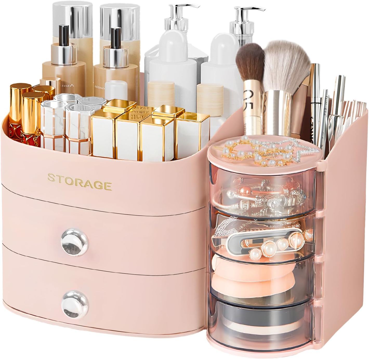 Makeup Organizer for Vanity - Skincare & Cosmetic Storage with Drawers | Brush Holder, Lipstick, Jewelry - White