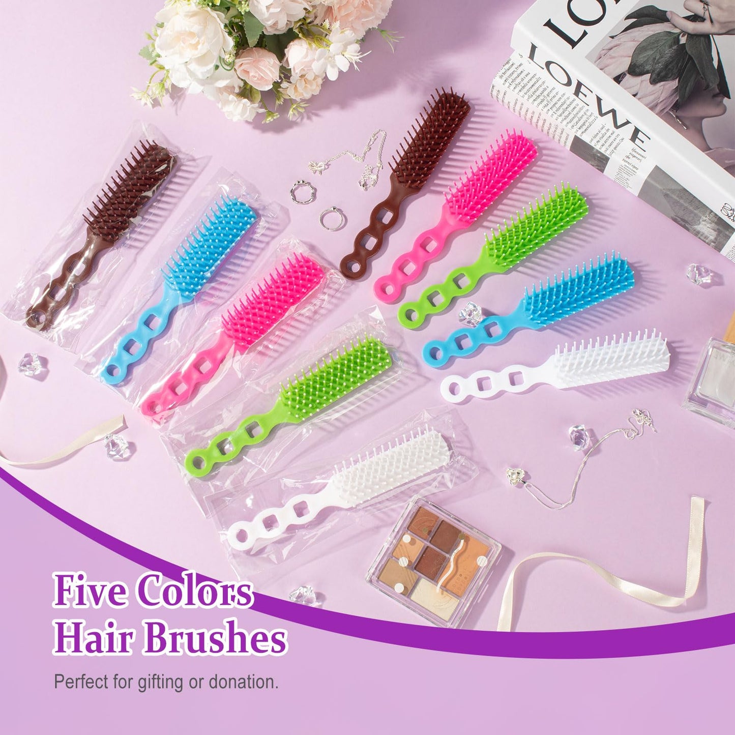 Hair Brushes in Bulk Individually Wrapped for Homeless,Plastic Hair Brush for Curly Wavy Hair,Detangling Hair Brush for Nursing Charity Hotel Shelter(Blue Rose Red White Green Brown) (Pack of 120)