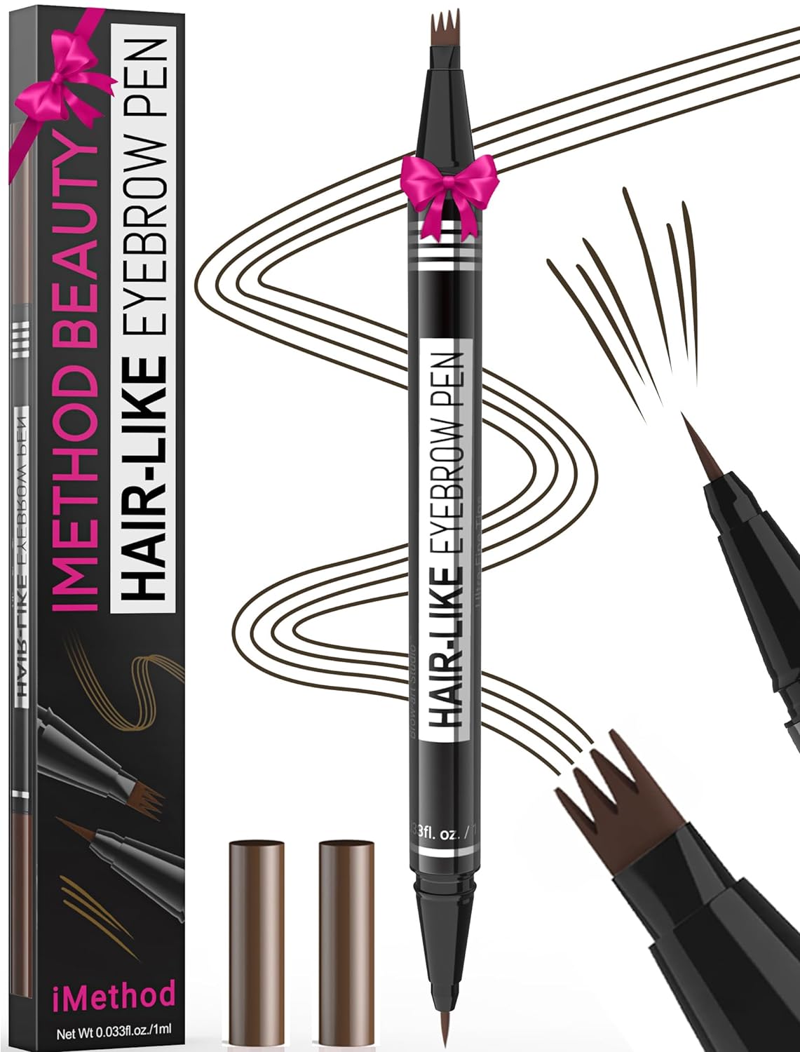 Microblading Eyebrow Pen - 2-in-1 Dual-Ended Pencil with 4-Fork & Brush Tips for Natural Hair-Like Brows | Long-Lasting Brown