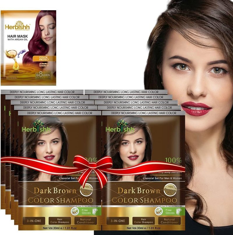 Natural Hair Color Shampoo for Gray Hair - Argan Oil Infused, Ammonia-Free | Travel Size, Dark Brown, 10+1 Pack