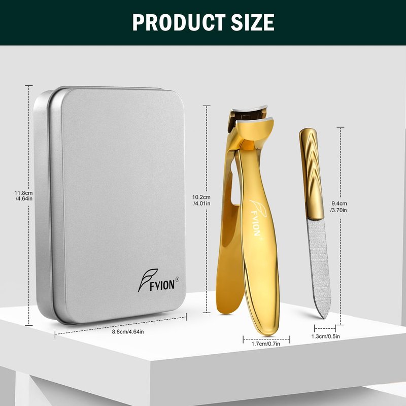 FVION Ergonomic Seniors Toenail Clippers, Curved Head Toe Nail Clippers for Thick Nails with Nail Catcher and Metal Nail File, Precision Nail Care Tool for Easier Trimming (Gold)