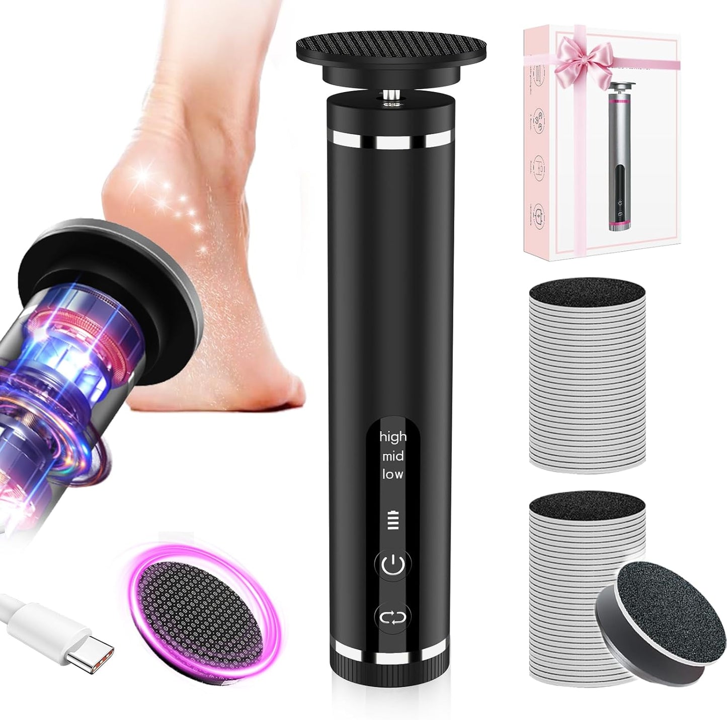 Electric Foot Callus Remover - Nano-Glass Head, 3 Speeds | 60 Sandpaper Discs, 4-Hour Runtime