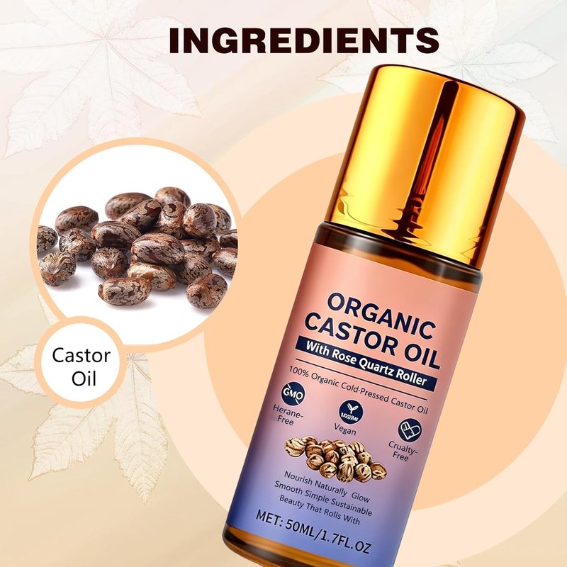 Organic Castor Oil Roll-On with Rose Quartz Roller - 100% Cold Pressed, Deep Hydration for Face, Body & Hair | 2PCS