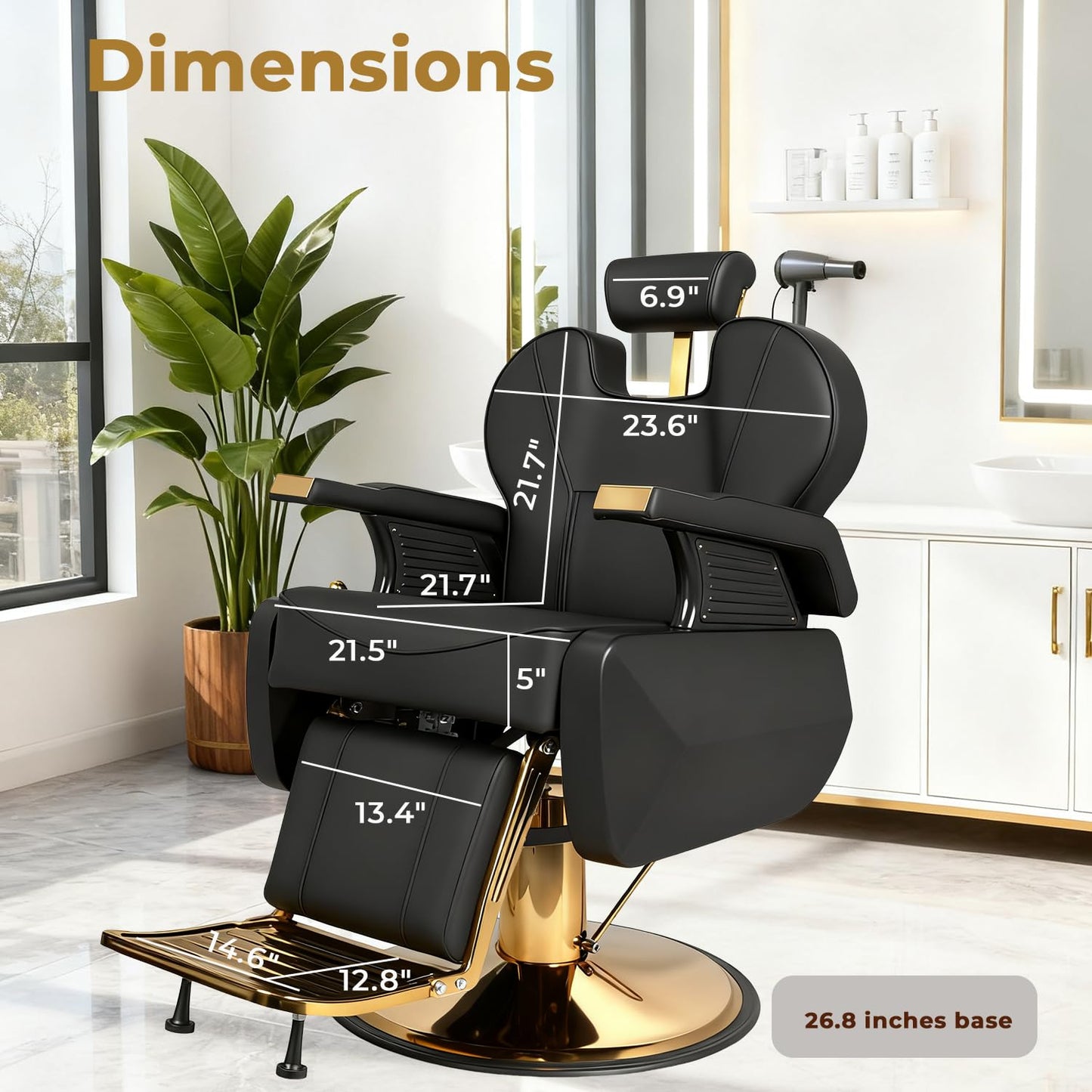 MIMWOW Professional Barber Chair, Reclining Hydraulic Hair Chair with Dual-Stitch Leather Design, 360° Swivel Adjustable Stylist Chair with Removable Headrest for Barbershop or Beauty Salon