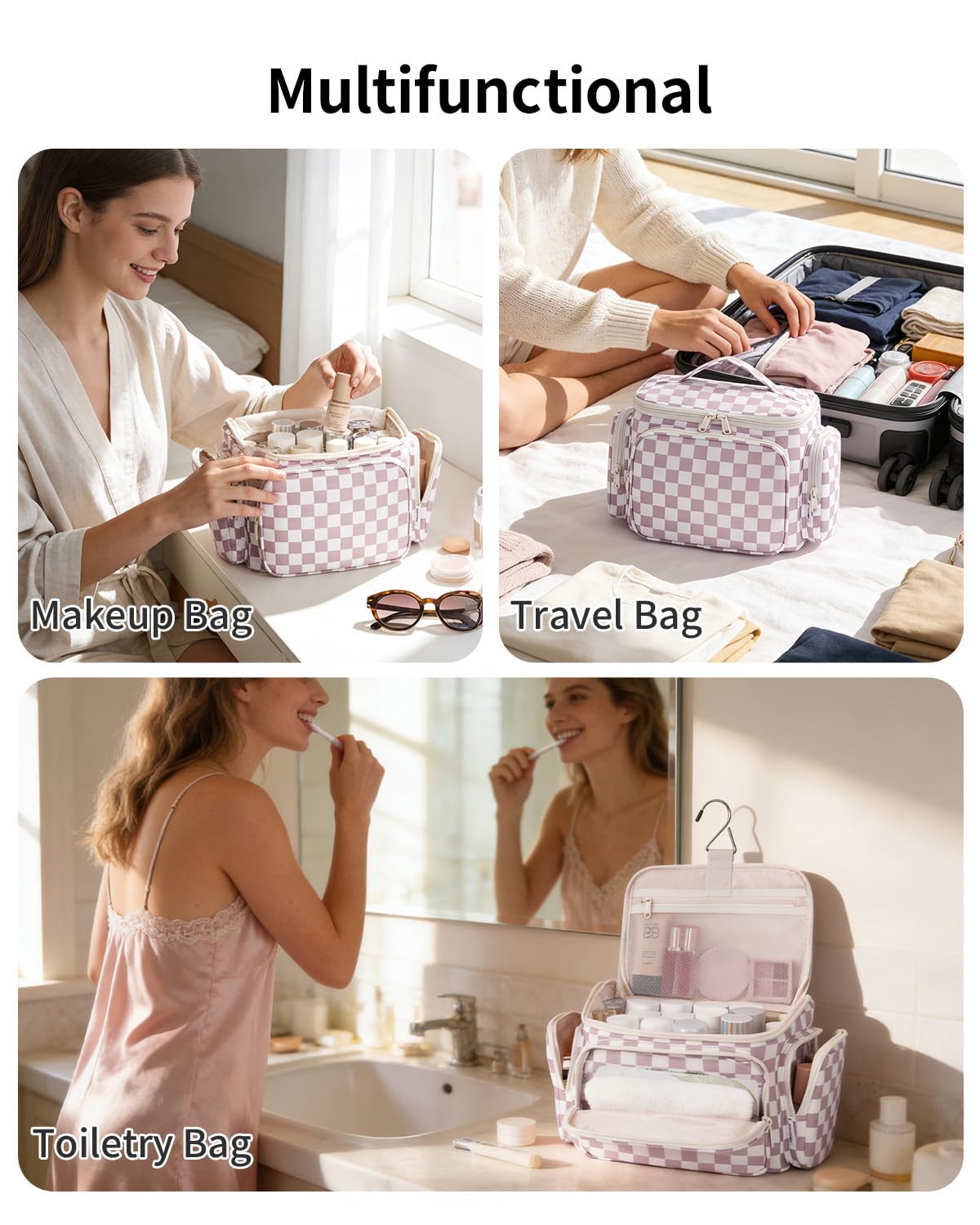 Narwey Hanging Travel Toiletry Bag for Women, Large Makeup Bag, Wide Open Cosmetic Bag, Multiple Organized Pocket, Wet Pocket for Towel, Portable Bathroom Travel Bag for Toiletries, Essentials